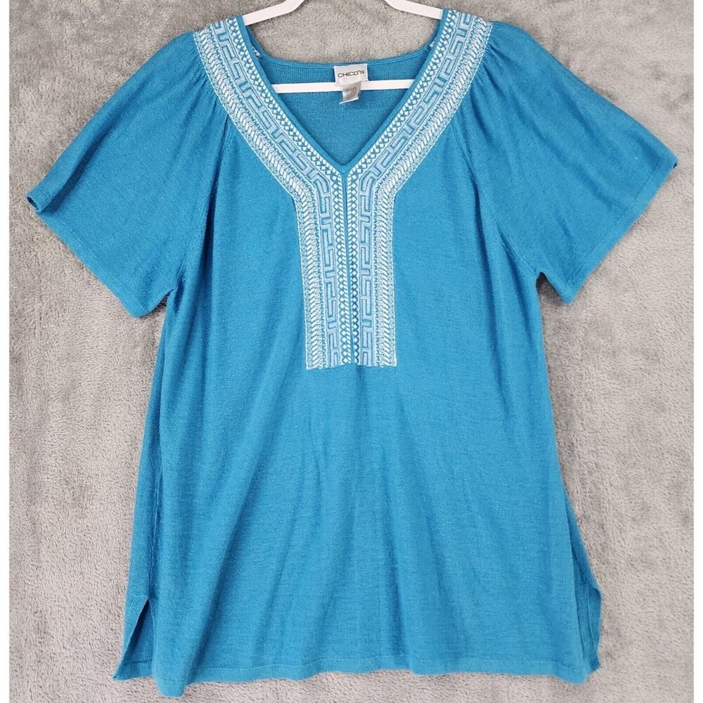 Chicos Shirt Womens 3 Blue Embroidered Linen Blend Casual‎ Short Sleeve Blouse